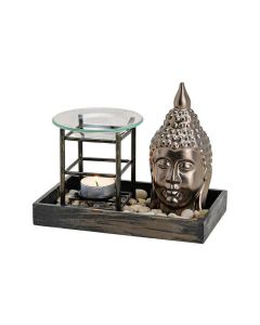 Duftlampe Buddha aus Keramik auf Holzbrett mit Steinen B19 x T11 x H12 cm